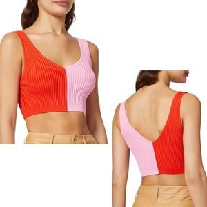 Staud, Women's 'Hana' Colorblock Crop-Top Tank, Ribbed V-Neck, Pink/Red, X-Small